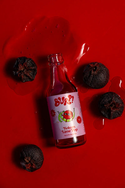 A small clear bottle of Burp! Kokum Lime pop soda with a pink label, surrounded by dried dark kokum fruit on a vivid red background.