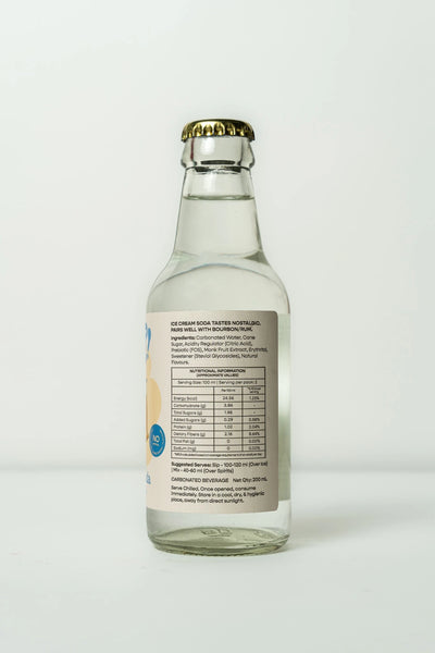 A clear glass bottle of Burp! Ice Cream Soda, shown from the back to display the back label and gold crown cap against a light gray background.